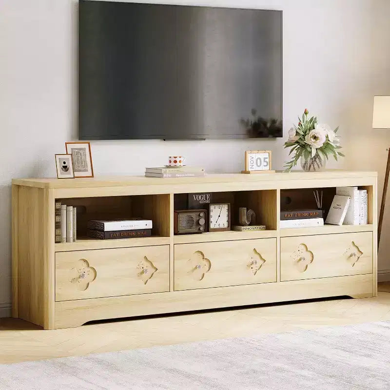 Meuble TV moderne du milieu du siècle de 70 pouces pour téléviseur de 85 pouces - Tiroir sculpté Poignées en cristal Gestion des câbles Capacité de 220 lb Centre média en bois MDF