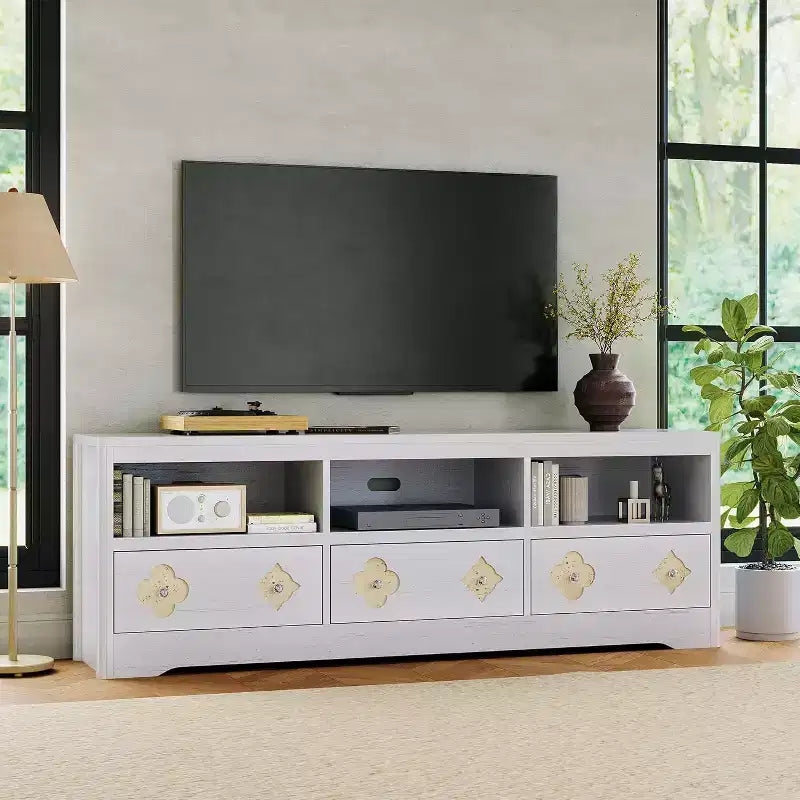 Meuble TV moderne du milieu du siècle de 70 pouces pour téléviseur de 85 pouces - Tiroir sculpté Poignées en cristal Gestion des câbles Capacité de 220 lb Centre média en bois MDF