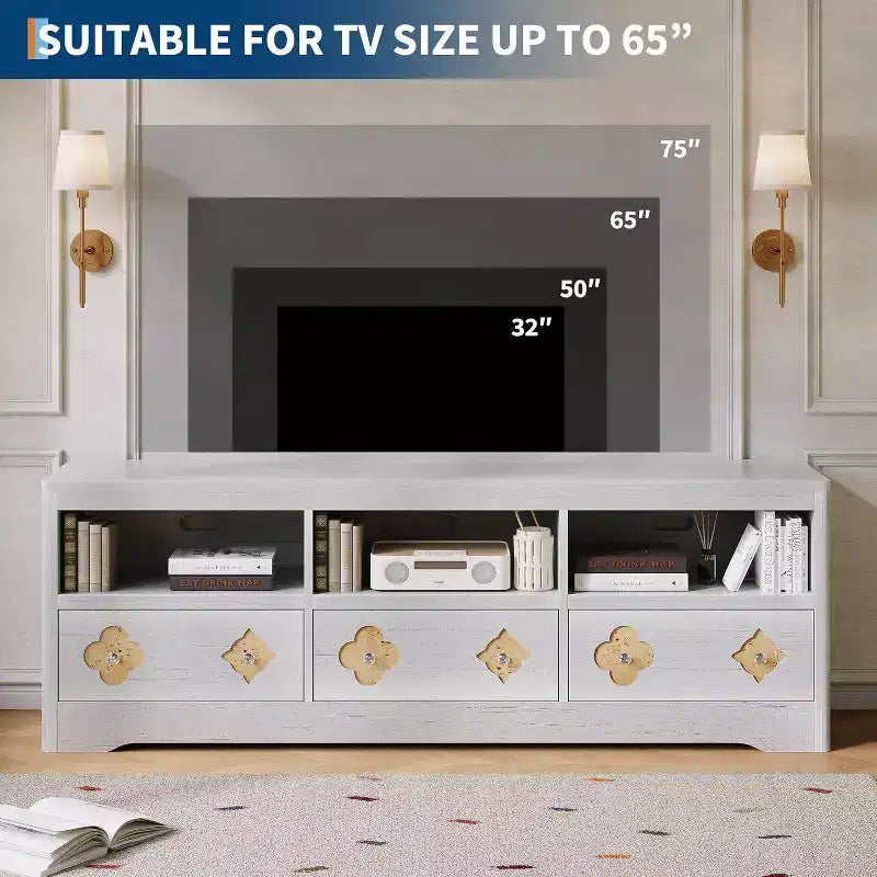 Meuble TV moderne du milieu du siècle de 70 pouces pour téléviseur de 85 pouces - Tiroir sculpté Poignées en cristal Gestion des câbles Capacité de 220 lb Centre média en bois MDF
