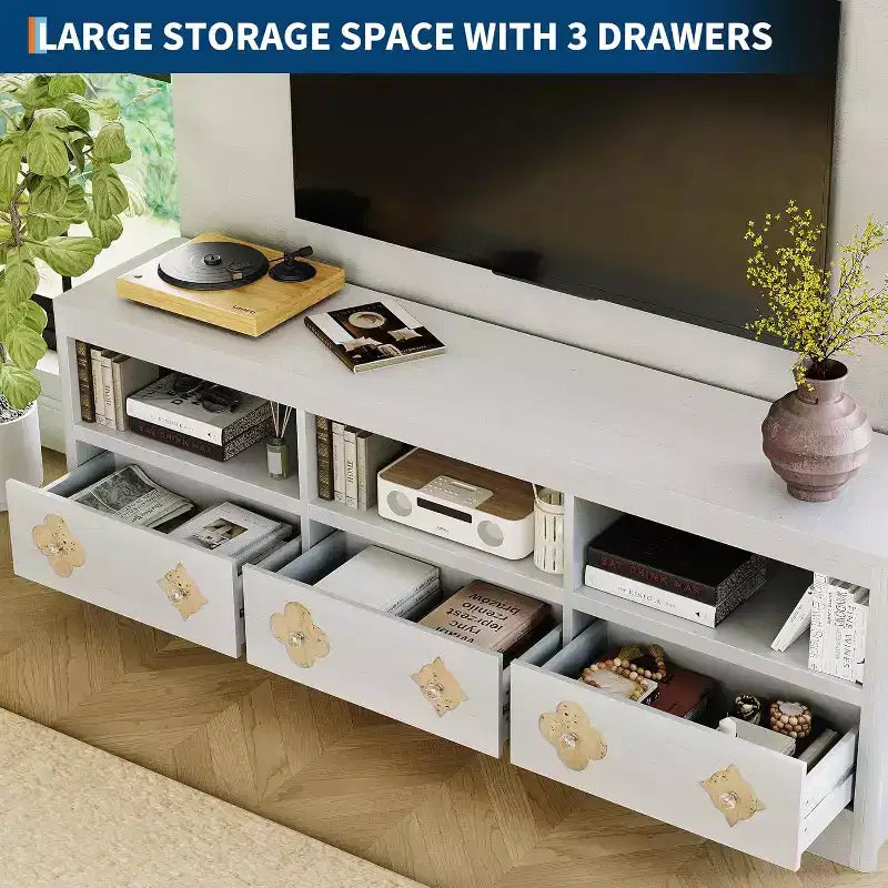 Meuble TV moderne du milieu du siècle de 70 pouces pour téléviseur de 85 pouces - Tiroir sculpté Poignées en cristal Gestion des câbles Capacité de 220 lb Centre média en bois MDF