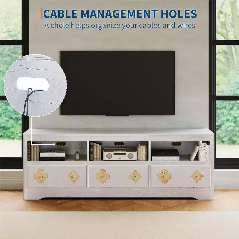 Meuble TV moderne du milieu du siècle de 70 pouces pour téléviseur de 85 pouces - Tiroir sculpté Poignées en cristal Gestion des câbles Capacité de 220 lb Centre média en bois MDF