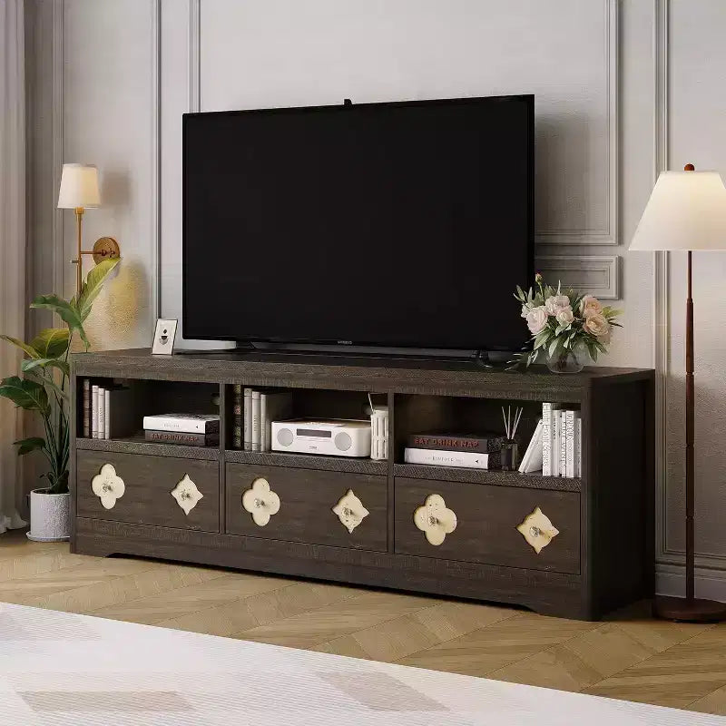 Meuble TV moderne du milieu du siècle de 70 pouces pour téléviseur de 85 pouces - Tiroir sculpté Poignées en cristal Gestion des câbles Capacité de 220 lb Centre média en bois MDF