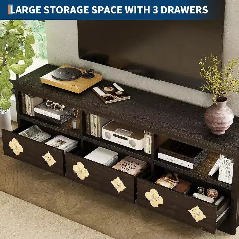 Meuble TV moderne du milieu du siècle de 70 pouces pour téléviseur de 85 pouces - Tiroir sculpté Poignées en cristal Gestion des câbles Capacité de 220 lb Centre média en bois MDF