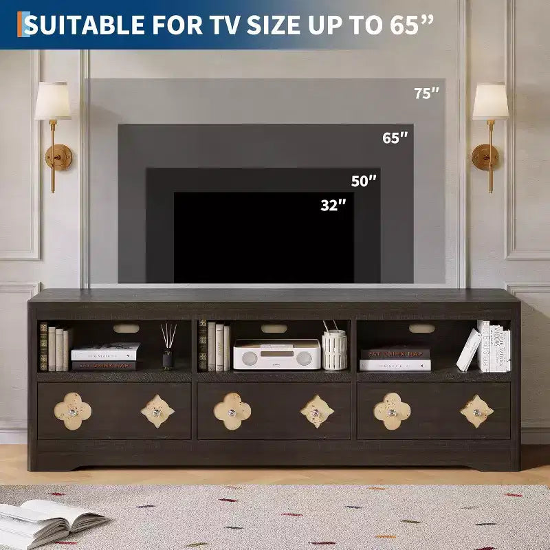 Meuble TV moderne du milieu du siècle de 70 pouces pour téléviseur de 85 pouces - Tiroir sculpté Poignées en cristal Gestion des câbles Capacité de 220 lb Centre média en bois MDF