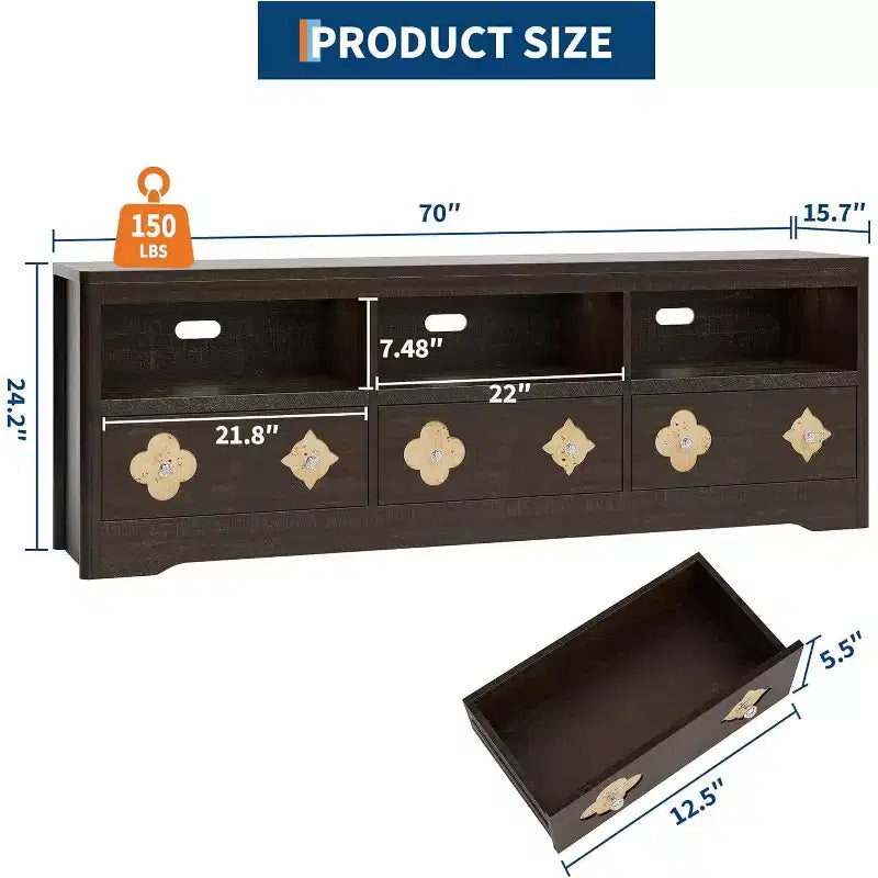 Meuble TV moderne du milieu du siècle de 70 pouces pour téléviseur de 85 pouces - Tiroir sculpté Poignées en cristal Gestion des câbles Capacité de 220 lb Centre média en bois MDF