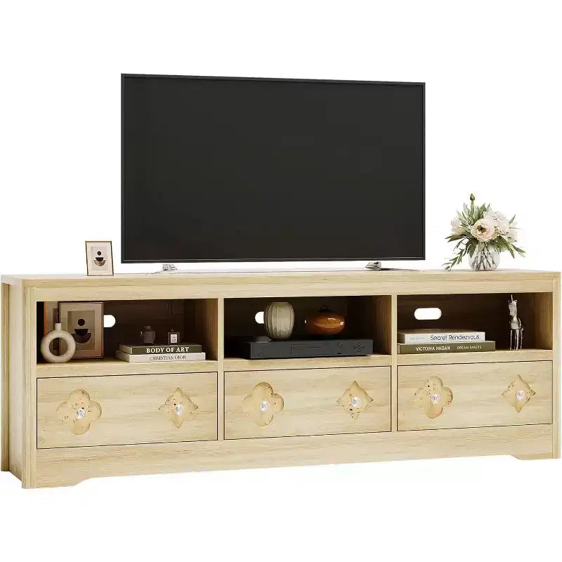 Meuble TV moderne du milieu du siècle de 70 pouces pour téléviseur de 85 pouces - Tiroir sculpté Poignées en cristal Gestion des câbles Capacité de 220 lb Centre média en bois MDF
