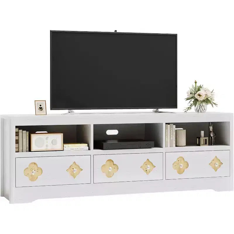 Meuble TV moderne du milieu du siècle de 70 pouces pour téléviseur de 85 pouces - Tiroir sculpté Poignées en cristal Gestion des câbles Capacité de 220 lb Centre média en bois MDF
