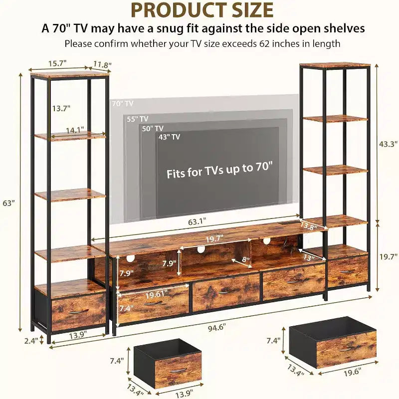 Meuble TV de salon, Meuble TV LED avec étagères, Meuble TV de style ferme pour téléviseurs de 65 pouces, Meuble TV de salon