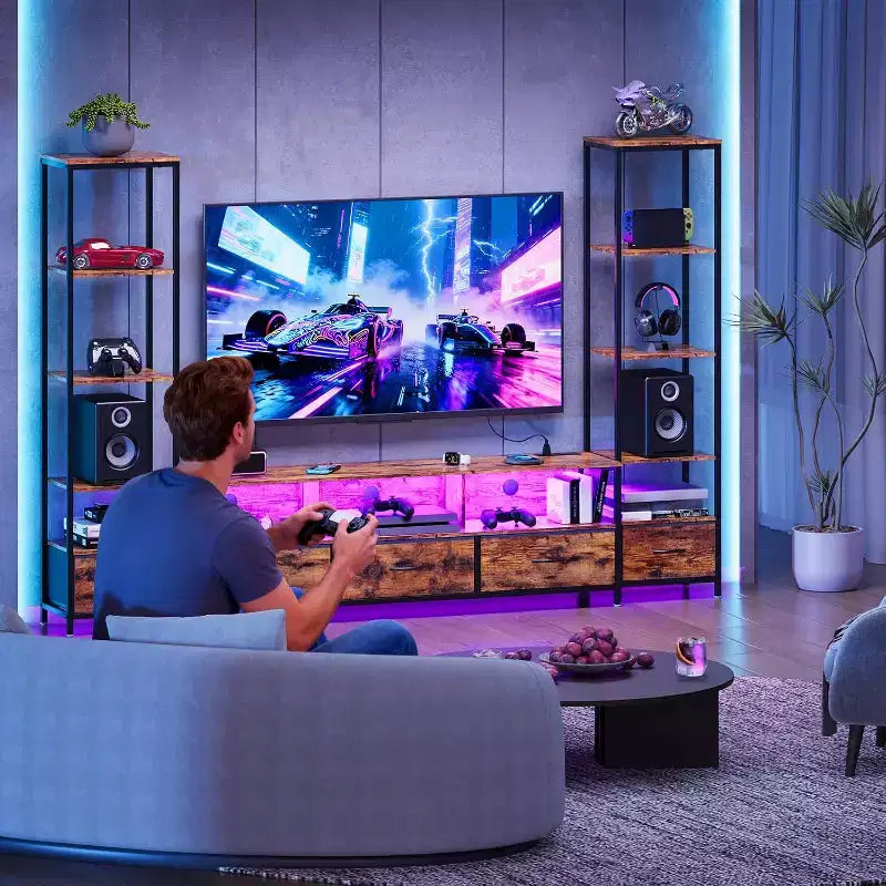 Meuble TV de salon, Meuble TV LED avec étagères, Meuble TV de style ferme pour téléviseurs de 65 pouces, Meuble TV de salon
