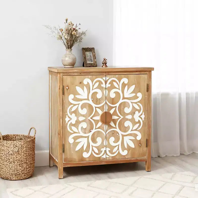MAYEERTY Meuble d'appoint rustique en bois avec portes sculptées florales, buffet de rangement à 2 portes pour le salon