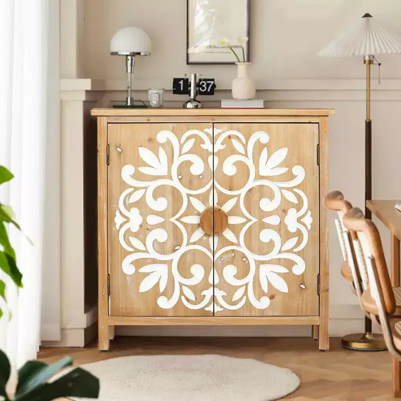 MAYEERTY Meuble d'appoint rustique en bois avec portes sculptées florales, buffet de rangement à 2 portes pour le salon