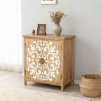 MAYEERTY Meuble d'appoint rustique en bois avec portes sculptées florales, buffet de rangement à 2 portes pour le salon