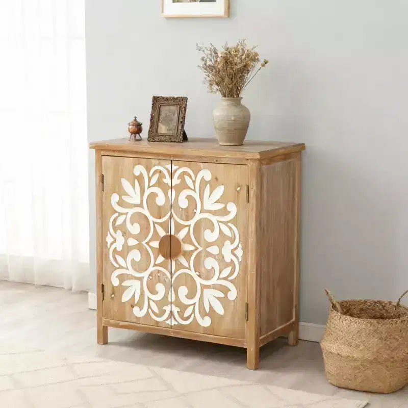 MAYEERTY Meuble d'appoint rustique en bois avec portes sculptées florales, buffet de rangement à 2 portes pour le salon