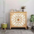 MAYEERTY Meuble d'appoint rustique en bois avec portes sculptées florales, buffet de rangement à 2 portes pour le salon