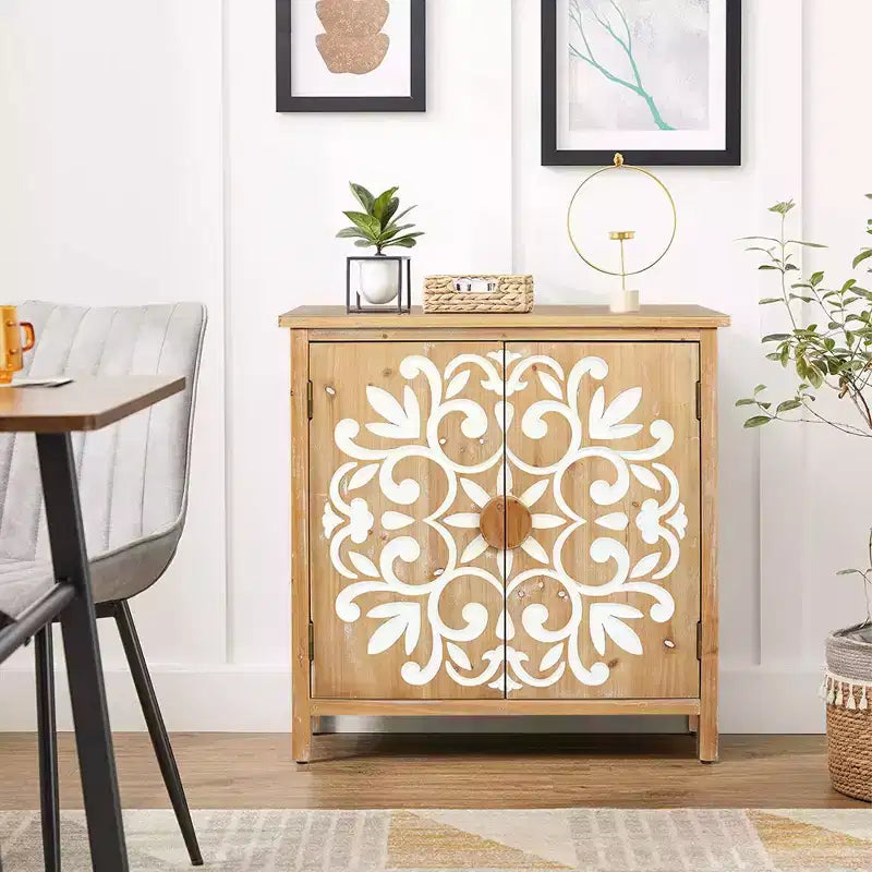 MAYEERTY Meuble d'appoint rustique en bois avec portes sculptées florales, buffet de rangement à 2 portes pour le salon