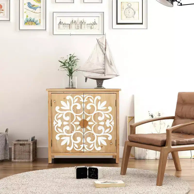 MAYEERTY Meuble d'appoint rustique en bois avec portes sculptées florales, buffet de rangement à 2 portes pour le salon