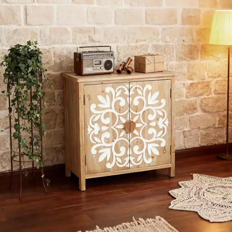 MAYEERTY Meuble d'appoint rustique en bois avec portes sculptées florales, buffet de rangement à 2 portes pour le salon