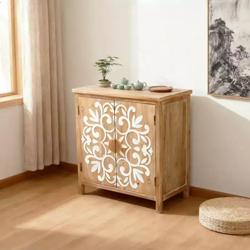 MAYEERTY Meuble d'appoint rustique en bois avec portes sculptées florales, buffet de rangement à 2 portes pour le salon