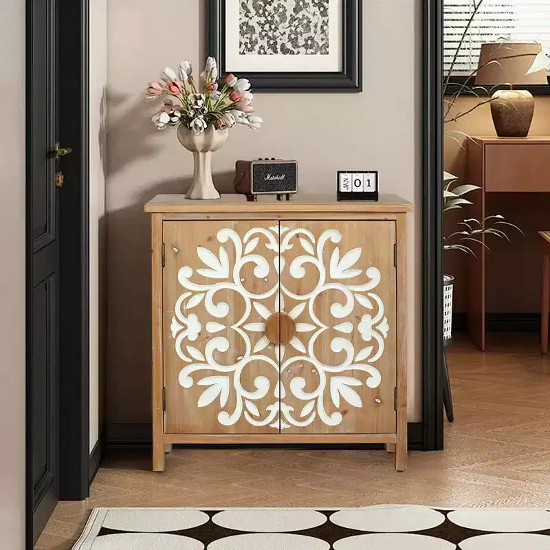 MAYEERTY Meuble d'appoint rustique en bois avec portes sculptées florales, buffet de rangement à 2 portes pour le salon