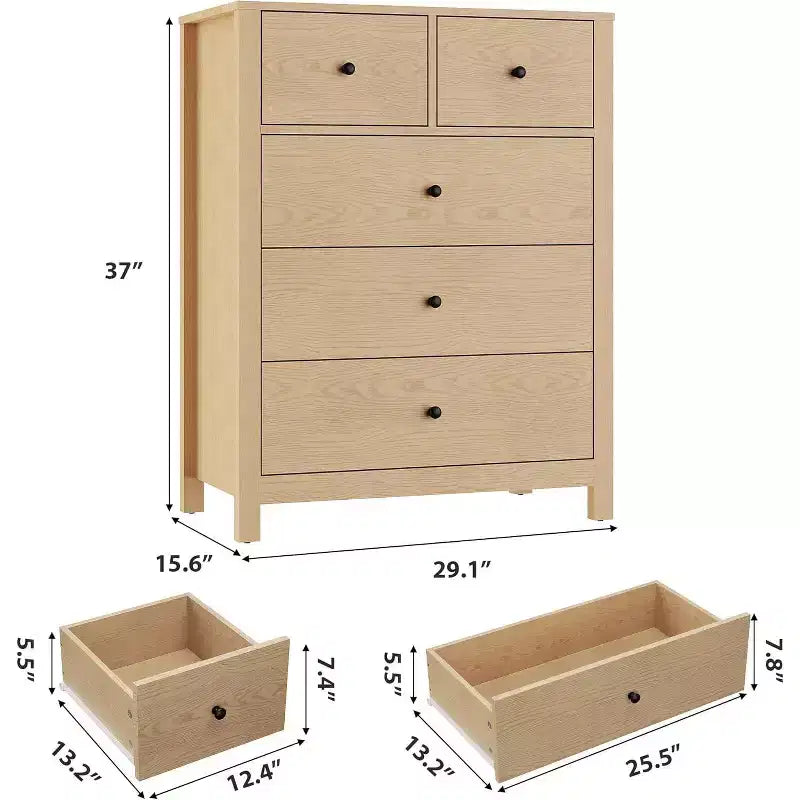 Commode à 5 tiroirs en bois avec finition naturelle, meuble de rangement moderne pour chambre à coucher, chambre d'enfant et couloir