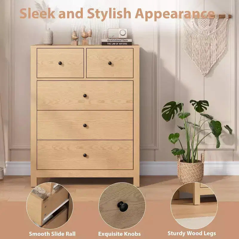 Commode à 5 tiroirs en bois avec finition naturelle, meuble de rangement moderne pour chambre à coucher, chambre d'enfant et couloir