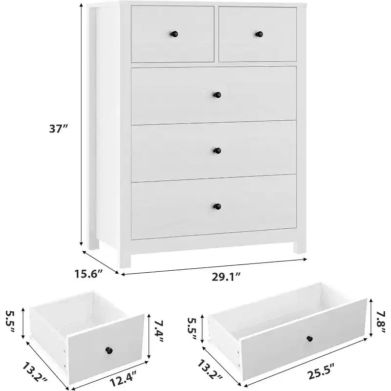 Commode à 5 tiroirs en bois avec finition naturelle, meuble de rangement moderne pour chambre à coucher, chambre d'enfant et couloir