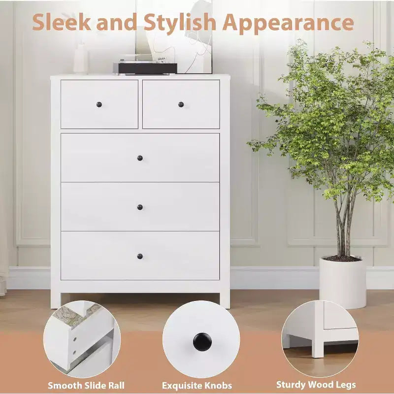 Commode à 5 tiroirs en bois avec finition naturelle, meuble de rangement moderne pour chambre à coucher, chambre d'enfant et couloir