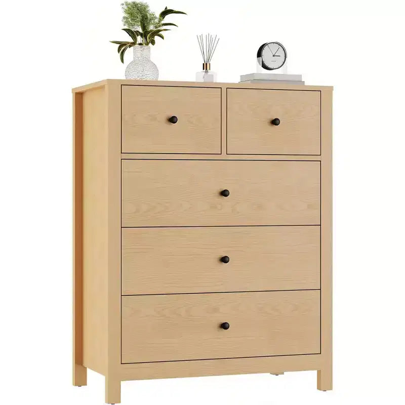 Commode à 5 tiroirs en bois avec finition naturelle, meuble de rangement moderne pour chambre à coucher, chambre d'enfant et couloir