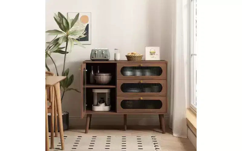 JVNOXK Meuble de rangement décoratif avec 3 tiroirs et portes, meuble de rangement en bois avec étagères, adapté aux salons, bois naturel