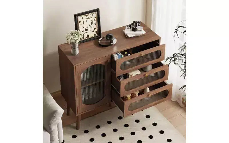 JVNOXK Meuble de rangement décoratif avec 3 tiroirs et portes, meuble de rangement en bois avec étagères, adapté aux salons, bois naturel