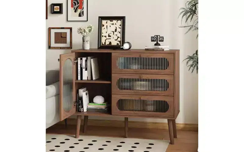JVNOXK Meuble de rangement décoratif avec 3 tiroirs et portes, meuble de rangement en bois avec étagères, adapté aux salons, bois naturel