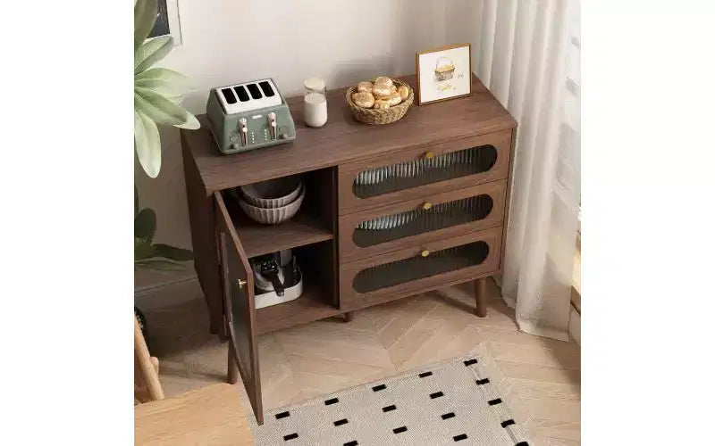 JVNOXK Meuble de rangement décoratif avec 3 tiroirs et portes, meuble de rangement en bois avec étagères, adapté aux salons, bois naturel