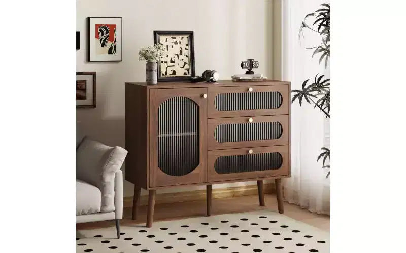JVNOXK Meuble de rangement décoratif avec 3 tiroirs et portes, meuble de rangement en bois avec étagères, adapté aux salons, bois naturel