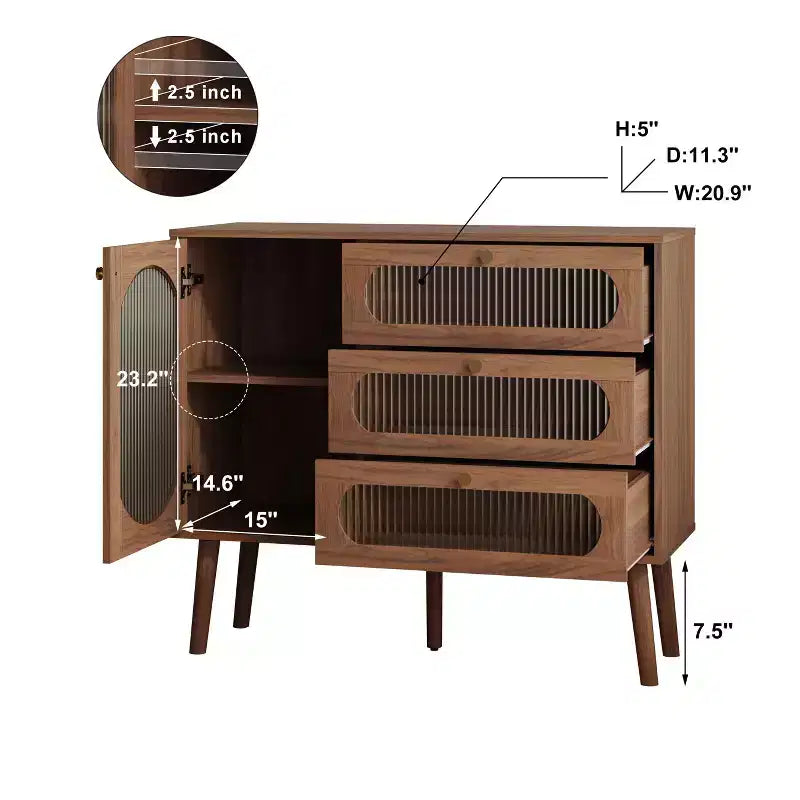 JVNOXK Meuble de rangement décoratif avec 3 tiroirs et portes, meuble de rangement en bois avec étagères, adapté aux salons, bois naturel