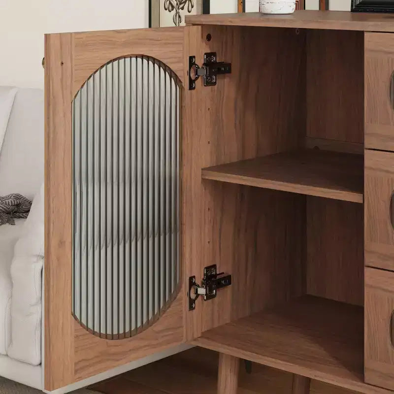JVNOXK Meuble de rangement décoratif avec 3 tiroirs et portes, meuble de rangement en bois avec étagères, adapté aux salons, bois naturel