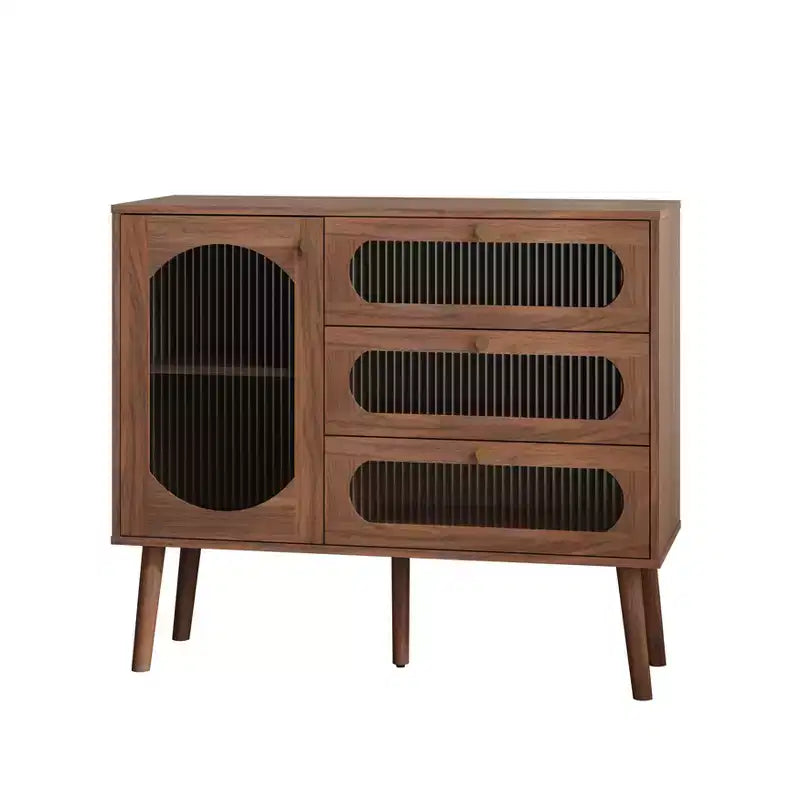JVNOXK Meuble de rangement décoratif avec 3 tiroirs et portes, meuble de rangement en bois avec étagères, adapté aux salons, bois naturel