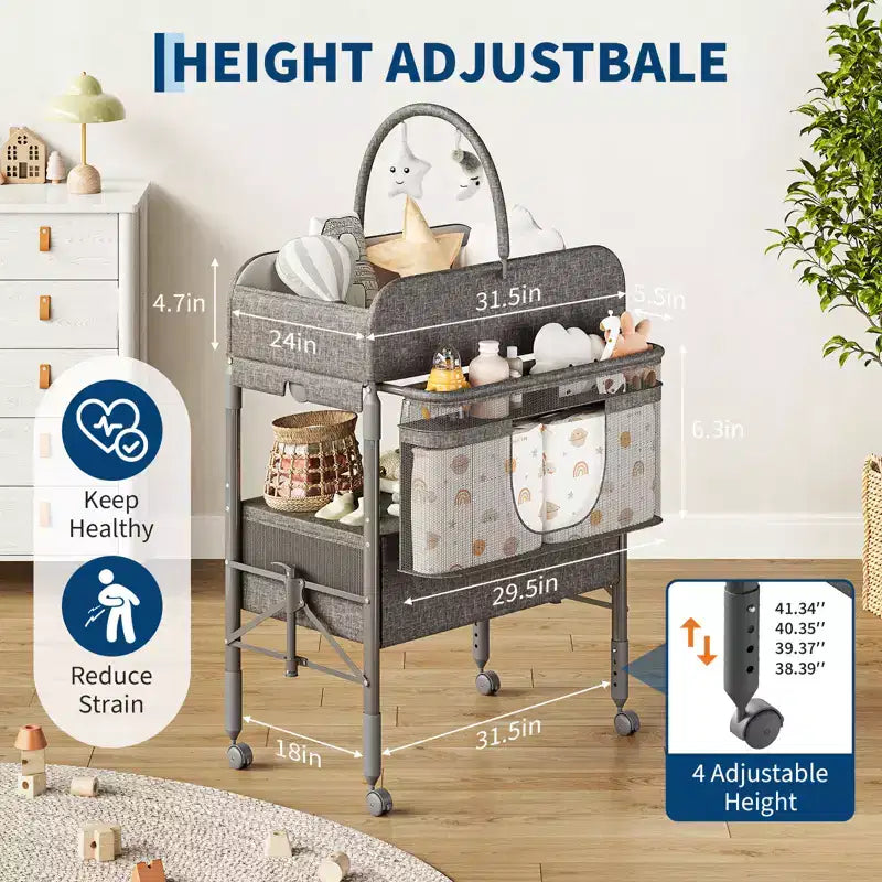 Table à langer pliable portable avec matelas imperméable, station à hauteur réglable avec tiroirs de rangement, organisateur de chambre mobile pour nouveau-nés et nourrissons