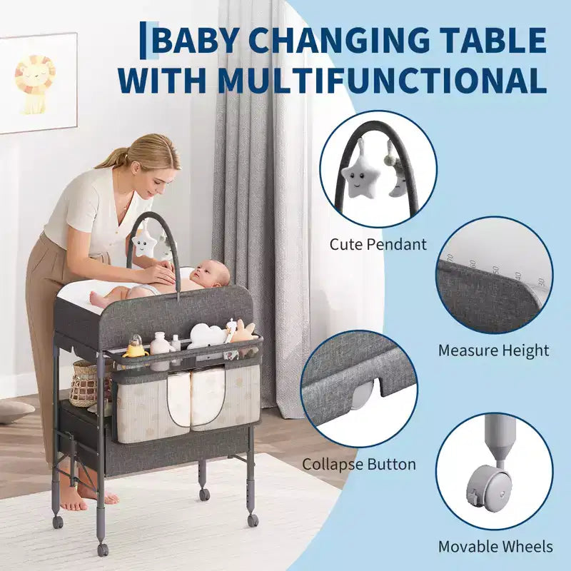 Table à langer pliable portable avec matelas imperméable, station à hauteur réglable avec tiroirs de rangement, organisateur de chambre mobile pour nouveau-nés et nourrissons