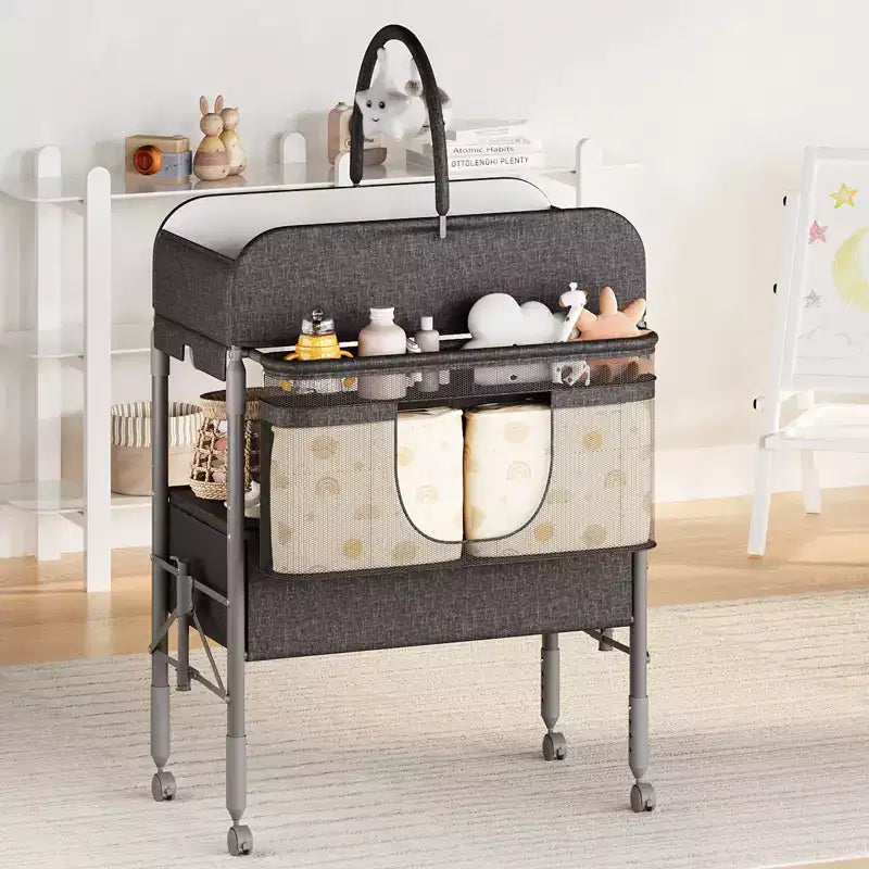 Table à langer pliable portable avec matelas imperméable, station à hauteur réglable avec tiroirs de rangement, organisateur de chambre mobile pour nouveau-nés et nourrissons