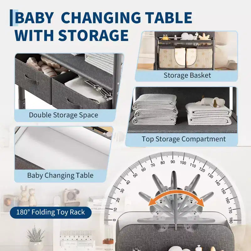 Table à langer pliable portable avec matelas imperméable, station à hauteur réglable avec tiroirs de rangement, organisateur de chambre mobile pour nouveau-nés et nourrissons