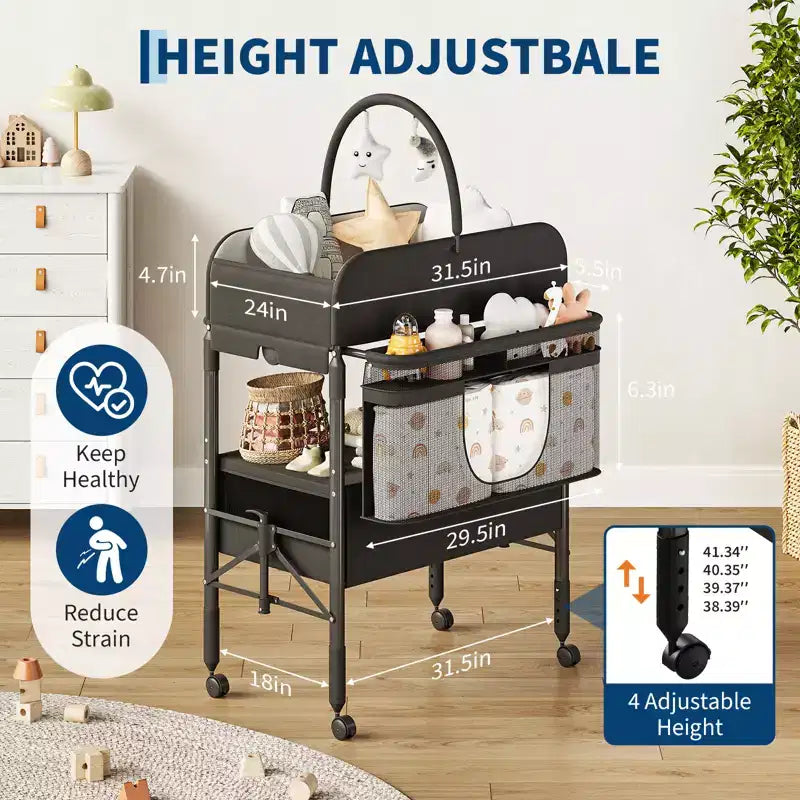 Table à langer pliable portable avec matelas imperméable, station à hauteur réglable avec tiroirs de rangement, organisateur de chambre mobile pour nouveau-nés et nourrissons