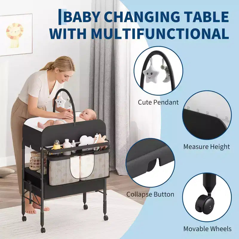 Table à langer pliable portable avec matelas imperméable, station à hauteur réglable avec tiroirs de rangement, organisateur de chambre mobile pour nouveau-nés et nourrissons