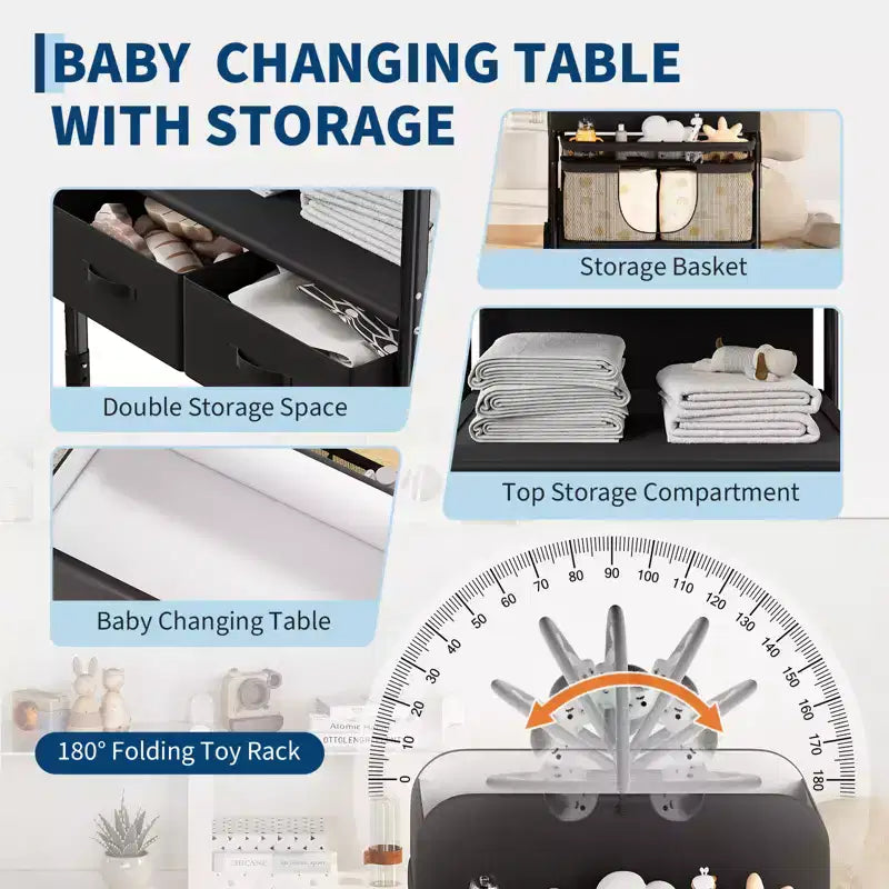 Table à langer pliable portable avec matelas imperméable, station à hauteur réglable avec tiroirs de rangement, organisateur de chambre mobile pour nouveau-nés et nourrissons