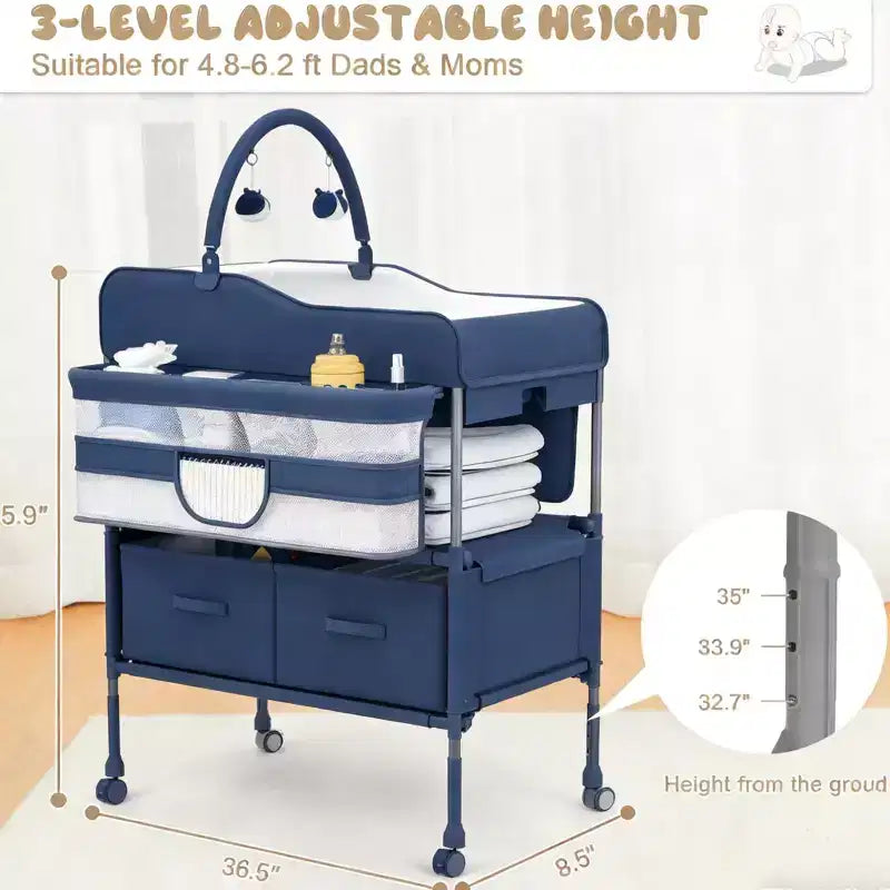 Table à langer pliable portable avec matelas imperméable, station à hauteur réglable avec tiroirs de rangement, organisateur de chambre mobile pour nouveau-nés et nourrissons