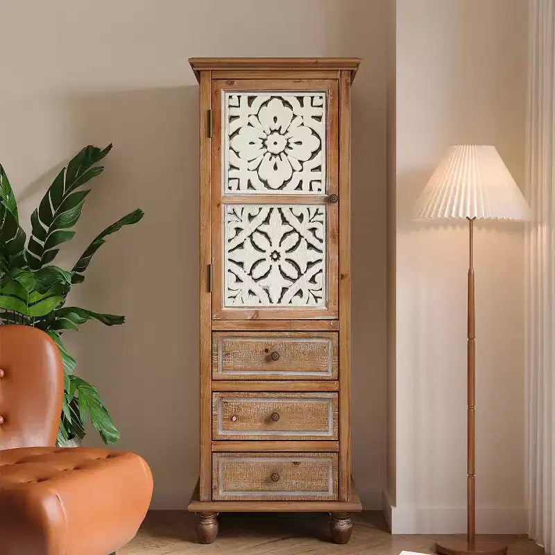 Rustic Decorative Storage Cabinet with Cutout Doors and 3 Drawers, Tall Narrow Accent Cabinet for Living Room or Bedroom-Panipeachy