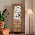 Rustic Decorative Storage Cabinet with Cutout Doors and 3 Drawers, Tall Narrow Accent Cabinet for Living Room or Bedroom-Panipeachy