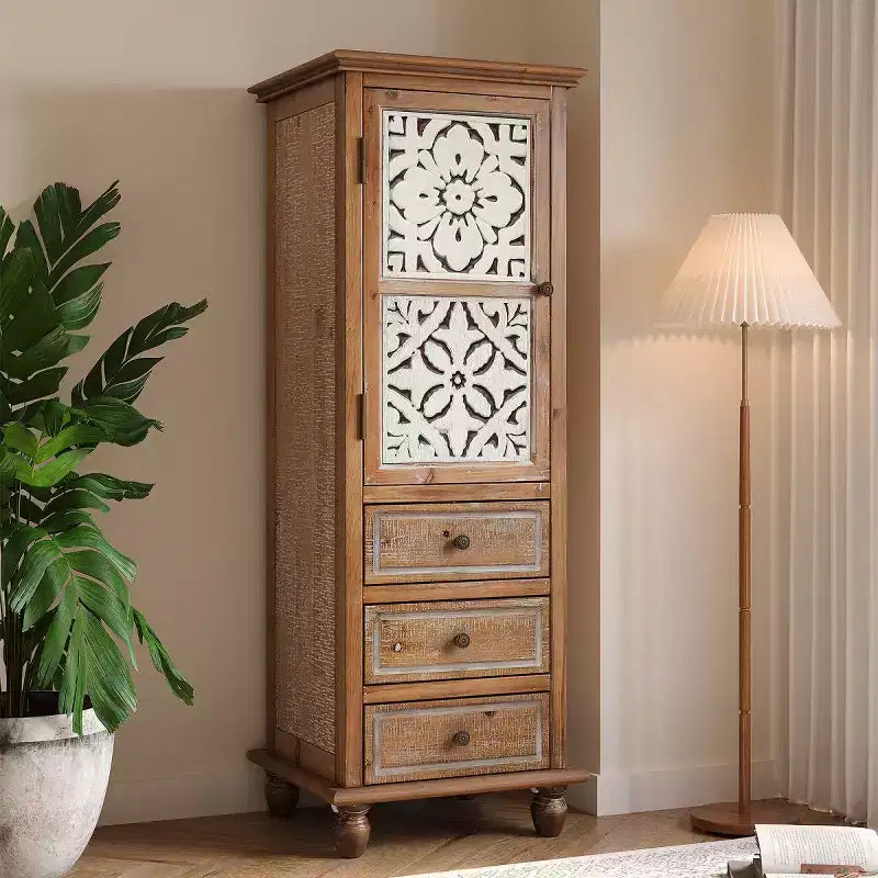 Armoire de rangement décorative rustique avec portes découpées et 3 tiroirs, armoire d'appoint haute et étroite pour salon ou chambre à coucher - Panipeachy