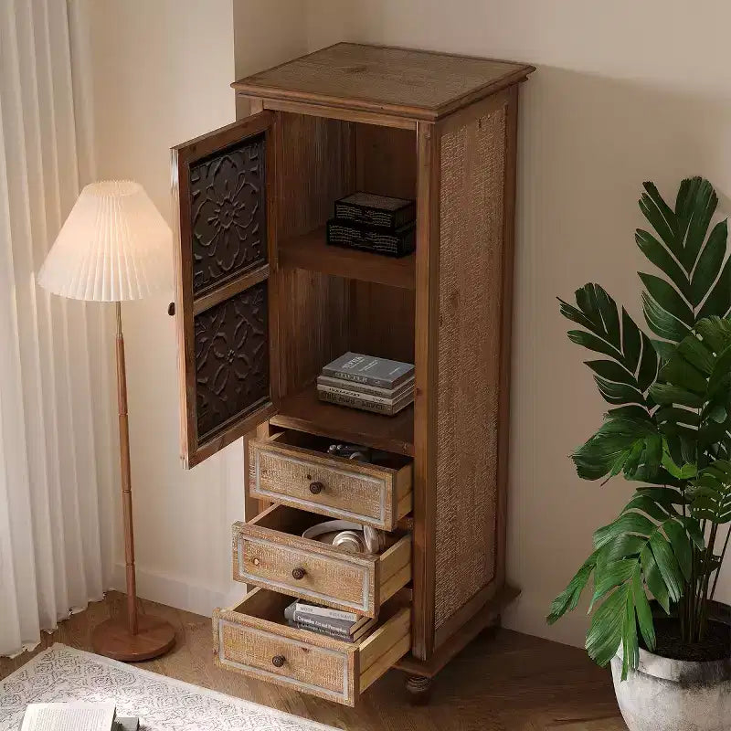 Armoire de rangement décorative rustique avec portes découpées et 3 tiroirs, armoire d'appoint haute et étroite pour salon ou chambre à coucher - Panipeachy