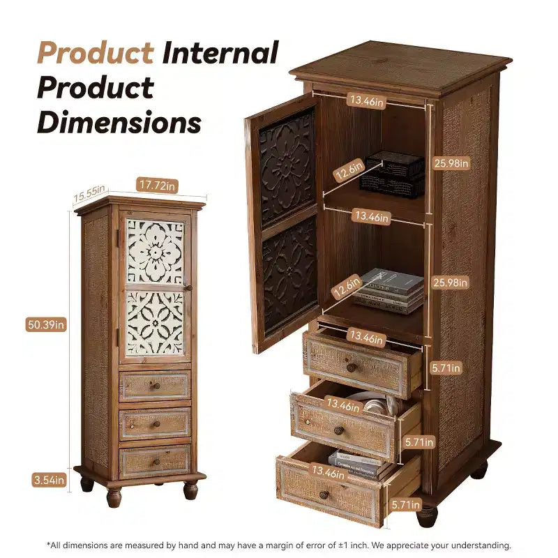 Armoire de rangement décorative rustique avec portes découpées et 3 tiroirs, armoire d'appoint haute et étroite pour salon ou chambre à coucher - Panipeachy