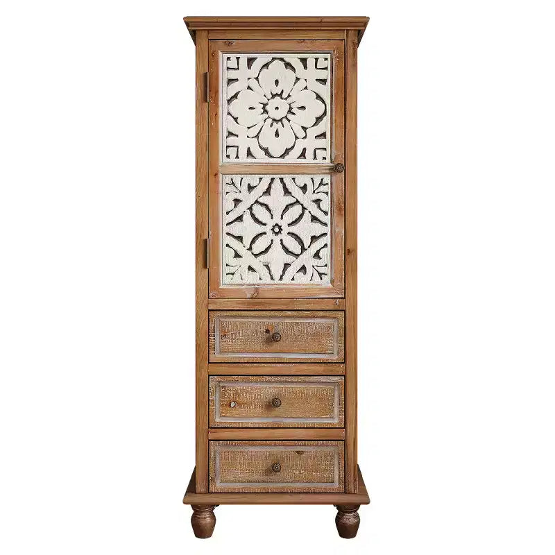 Armoire de rangement décorative rustique avec portes découpées et 3 tiroirs, armoire d'appoint haute et étroite pour salon ou chambre à coucher - Panipeachy